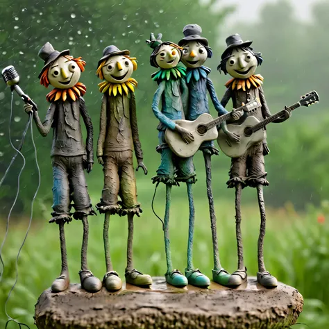 (best quality:1.2),ultra-light Clay, Clay, Pottery,  distressed, dirty, mineral pigments, 3D Clay sculpture art, Clay sculpture, Rough surface, (artwork，A band of tall scarecrows singing in the fields。Holding the microphone，Guitar，Long legs，Interesting con...