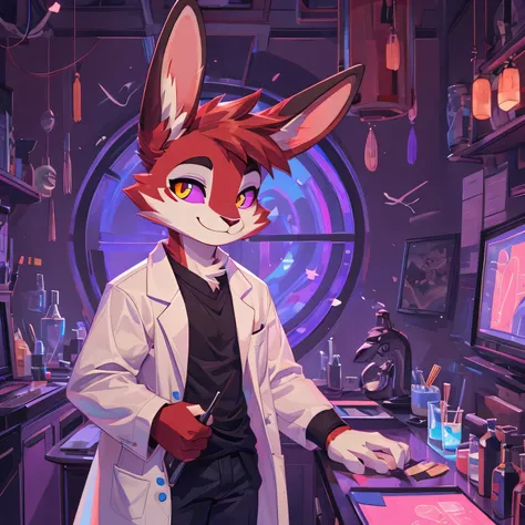 score_9, score_8_up, best quality, masterpiece, very detailed, high resolution, sharp, sharp image, detailed background, Rabbit, rabbit features, rabbit face, rabbit ears, rabbit full body, male, men, boy, smiling, ((dark red fur)), ((dark red)), lab coat,...