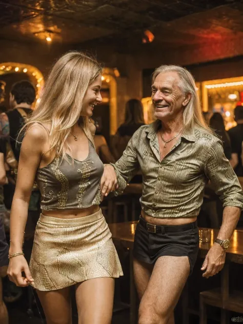 (dance of grandfather and girl in the club,) : perky grandfather with a short beard ,slight stubble and long gray hair(туристический-resort style, grandfather 60-70 years old ,Crocodile Dundee style) ,wearing a bright Hawaiian shirt and khaki shorts, danci...