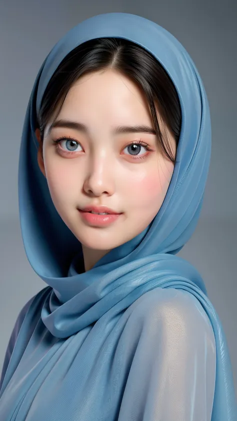 (Masterpiece: 1.4, Best Quality): This exquisite 8k wallpaper showcases full body portrait of A 18 years old Korean girl in elegant detail. Dressed in a full covered cloth long, beautiful light blue hijab and jubba thobbe, she exudes an air of tranquility ...