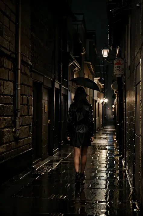 A girl walking in the rain with an umbrella in an old, dark alley