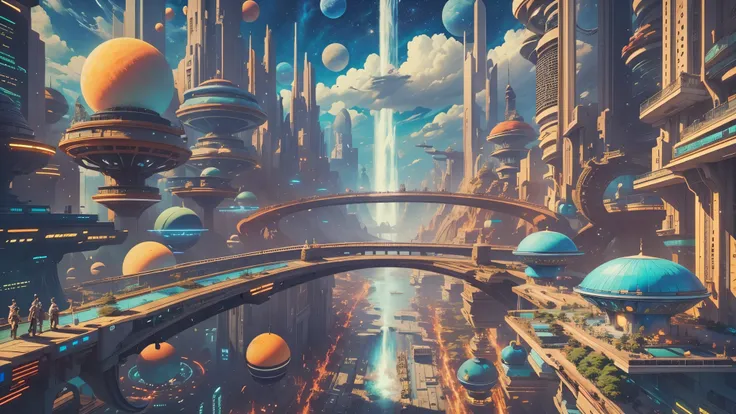 Space City、Futuristic cities、floating in the universe、cyberpunked、Skyscrapers line the streets、A space station、top-quality、​masterpiece、２４century、dream、utopian、planet earth、World of Dreams、Fantasia、𝓡𝓸𝓶𝓪𝓷𝓽𝓲𝓬、Super huge waterfall、ＳＦart by、Super huge structur...