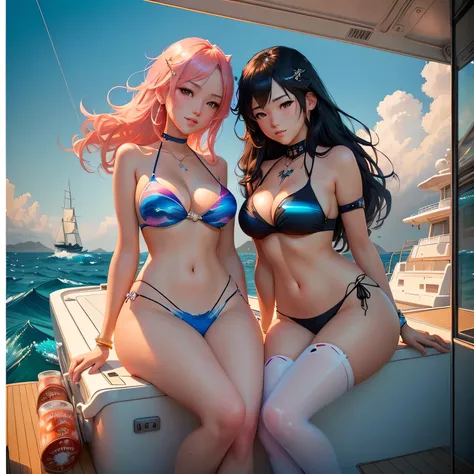 they are two women in bikinis sitting on a boat, on a boat, artwork in the style of guweiz, two beautiful anime girls, wlop and sakimichan, in the style of ross tran, alena aenami and lilia alvarado, on the sea, ross tran and bayard wu, on a yacht at sea