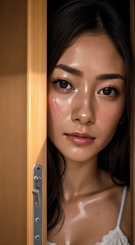 UHD, retina, ccurate, anatomically correct, textured skin, high details, highres,Beautiful Japanese Actresses,1 girl,Toilet open door, doorway,open doordoorway,Face close-up,((oily skin))Sweat glistens from my pores,camisole,