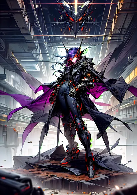 dark_fantasy, Cyberpunk, (Black purple: 1.1), 1 person, Mechanical wonder, exist, whole body, Armor suit, shawl, ((Black coat)), Glowing eyes, Mecha long skirt,