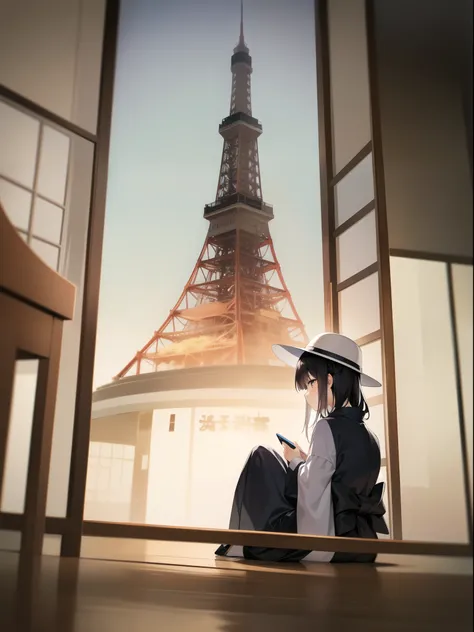 illustration of a japanese woman sitting in front of tokyo tower。the woman wears a white hat、dressed in black。tokyo tower should...