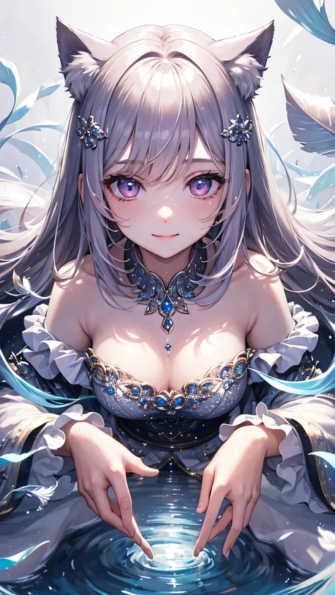 masterpiece,highest quality,Highly detailed face, water effects、Light effects、Feather effect,Sparkling eyes,Highlighted eyes,Center of chest,pretty girl,smile,Cat ear,Beautiful silver hair,Pink inside,Beautiful pink eyes
