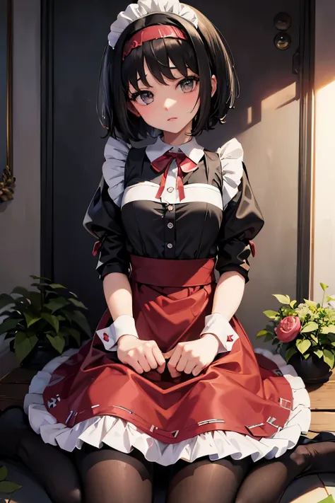 Erica、Pokémon、Black Hair、Short Hair、((pantyhose))、Photo from below、Medium chest、Bedroom、One girl、Headband、Red ribbon on head、((Maid clotheini skirt)、(Poop sitting)