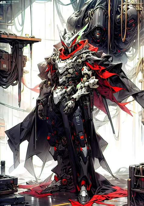 dark_fantasy, Cyberpunk, (Black Red: 1.1), 1 person, Mechanical wonder, exist, whole body, Armor suit, shawl, ((Black coat)), Glowing eyes, Mecha long skirt,( Reasonable design, clear lines, High Definition,best quality, Very detailed, On the table, Lighti...