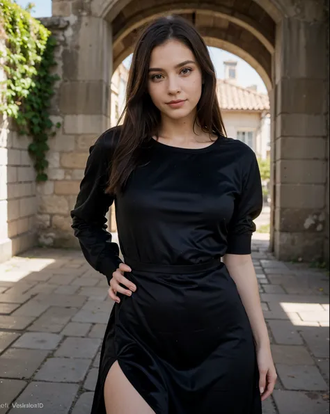 Beautiful and sexy European brunette with light green eyes, 22 anos de idade, 

 garota com um vestido de veludo preto, elegante vestido de veludo,  full body view, velvet vestido preto, vestido preto, elegant dress,  Castle Ruins, natureza, bombas, full b...