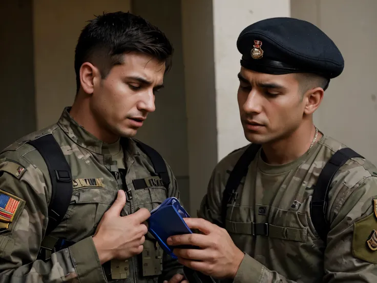 a male soldier giving bad news to another male soldier who suffers from heart problems (the other male soldier mom died)