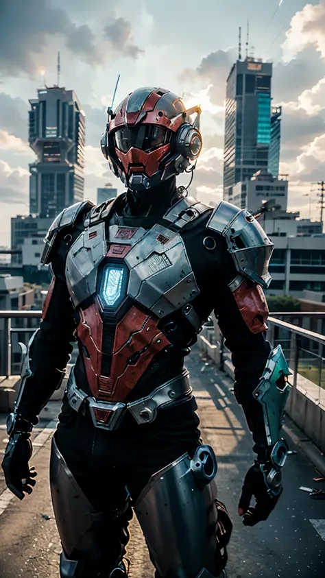 a man wearing a full-face helmet, a fantasy-style biotech armored combat suit, green eyes, (a composite layered chest armor), fu...