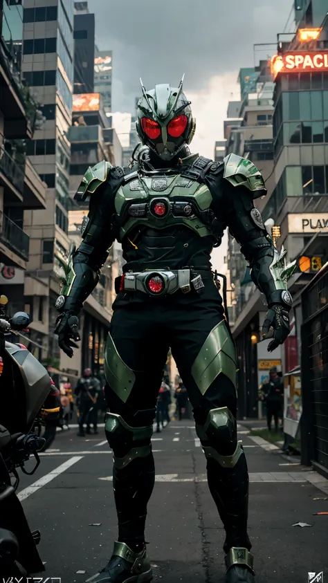 a man wearing a full-face helmet, a fantasy-style biotech armored combat suit, green eyes, (a composite layered chest armor), fu...