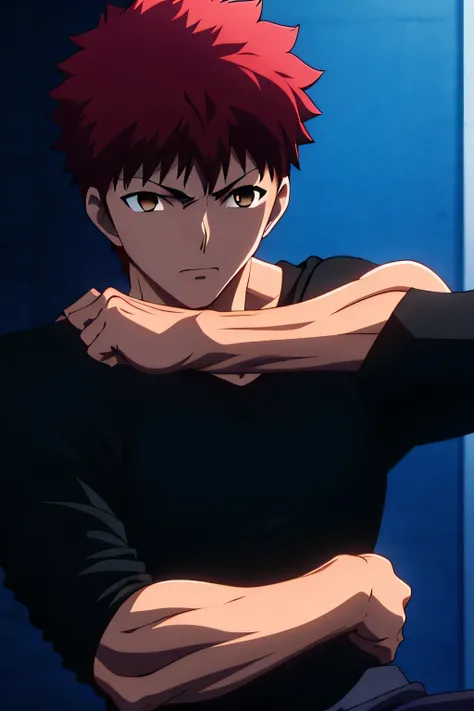 Shirou Emiya is sitting and flexing his biceps. He is wearing a black tshirt with his sleeves completely rolled up so you can see his entire arm and shoulder and black boxershorts.