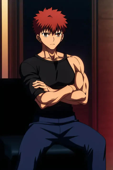 Shirou Emiya is sitting and flexing his biceps. He is wearing a black tshirt with his sleeves completely rolled up so you can see his entire arm and shoulder and black boxershorts.