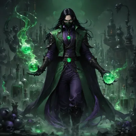 fullbody image, evil alchemist, oozemaster, male, 50 years old, masked half-vampire, long black hair, black gloves, a lot of alchemic bombs, glass bottles, alchemist lab, oozes companions, magnetic and disturbing gaze, dress in black green and violet ((bes...