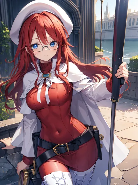 summonnightaty, aty, (young:1.3),long hair, blue eyes, red hair, large_beret, hat, glasses,
BREAK long hair, thighhighs, hat, dress, boots, glasses, belt, cape, sweater, zettai ryouiki, beret, thigh boots, white footwear, ribbed sweater, loose belt,solo,
B...