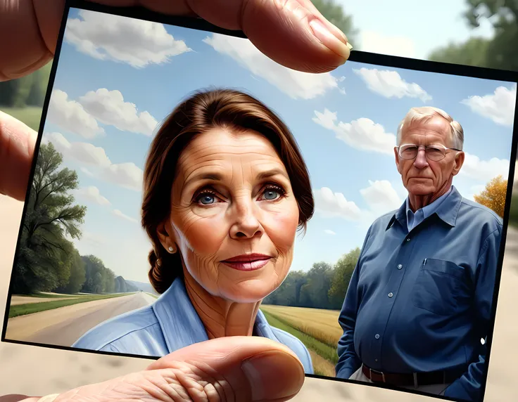 an old man looking at the picture of his old wife, dynamic range, ultra wide shot, photorealism, depth of field, hyper realistic...