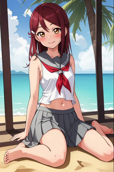 masterpiece, best quality,solo,sakurauchi riko, long hair, blush, smile, skirt, sitting, sleeveless, pleated skirt, sitting,wari...