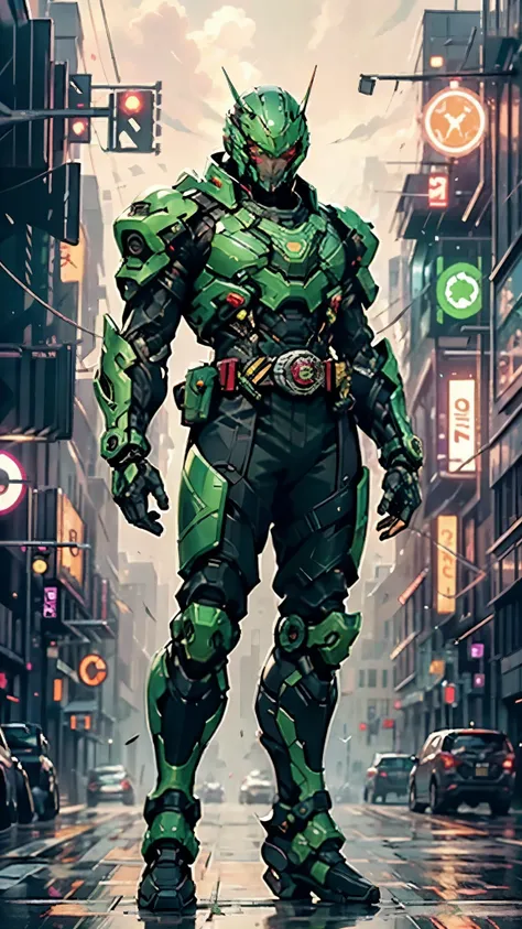 A man wearing a full-face helmet, a fantasy-style biotech armored combat suit, green eyes, (a composite layered chest armor), fully enclosed shoulder guards, matching arm and leg guards, the belt is adorned with exhaust pipes, (the color scheme is primaril...