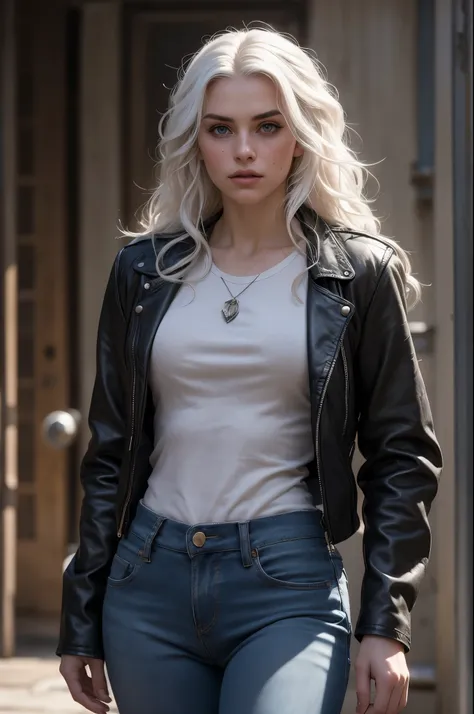 ultra realistic, details, beautiful woman, Yennefers face from The Witcher game, white hair, freckles on her face, wavy hair, long hair, blue eyes, light skin, leather jacket, t-shirt, jeans, athletic body, fierce look, flat background (police officer) at ...