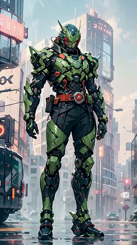 A man wearing a full-face helmet, a fantasy-style biotech armored combat suit, green eyes, (a composite layered chest armor), fully enclosed shoulder guards, matching arm and leg guards, the belt is adorned with exhaust pipes, (the color scheme is primaril...