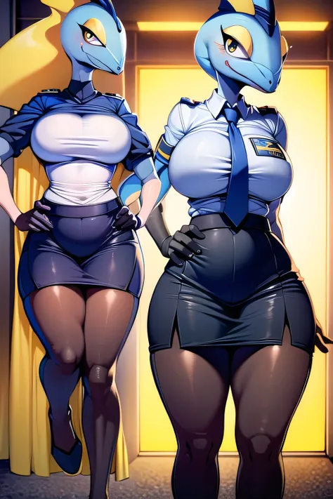 (best quality, masterpiece, ultra high res),  Inteleon, (large_breasts:1.3), police, (police_uniform:1.4), hat, (shirt:1.3), (skirt:1.3), female,