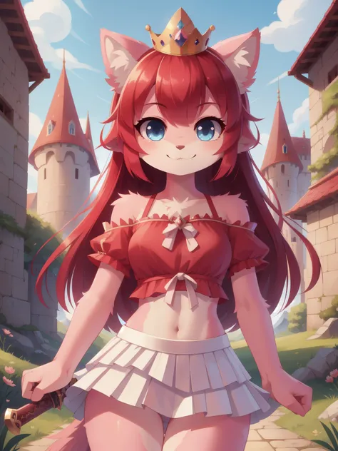 furry girl, cat, red hair, Knight bangs hairstyle, long ponytail, anime style, medium breasts, blue eyes, ((red frilly shirt, two shoulders, midriff, white skirt, princess crown)), high quality, detailed body, detailed eyes, detailed face, masterpiece, gli...