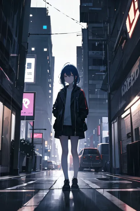 A depressed young girl in a jacket stands in a night city in which it is raining 1920x1080 
