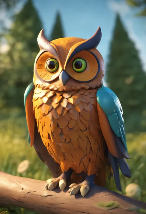 Imagem de uma coruja estilizada, inspired by the 3D animation style characteristic of studios like Disney Pixar. The owl must have a friendly and charismatic expression. Ela deve ter grandes olhos expressivos, penas suaves e  da cor marrom. O fundo deve se...