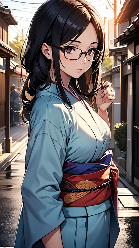 (1girl:1.3), Masterpiece, Best quality, amazing beauty, [[3D]], 4K, absurdres, finely detail, super detailed eye, perfect anatomy, official art, cinematic lighting, A Japanese woman in a kimono, playing the syamisen, reflecting the evening light. Glasses, ...