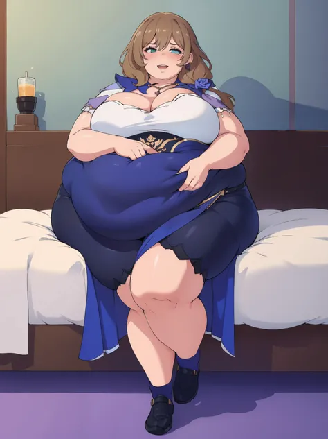 (Full body:1.5), (Obese:1.3), (Big breasts:1.1), Sfw, Lisa, casual outfit, , sitting up in bed,smug, smirking, cocky, open mouth, talking, blushing, hands on breasts, holding breasts, looking at viewer