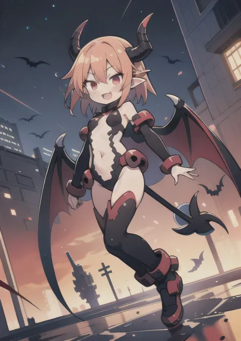 8K, 1girl, petit, adult. kawaii slimegirl, crimson hair, short hair, red eyes, fang, bat wings, smile, (blush), (shy), pointed ears, looking at viewer,  dynamic angle, wind, game cg, fantastic scenery, devil tail,  demon tail, thin tail, black horns, mediu...