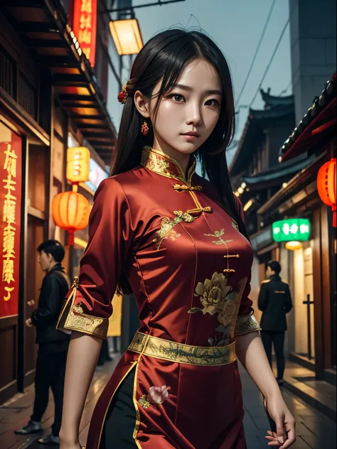 portrait of woman ,20yo,chinese,upper body,chinese clothes,Shanghai street,cinematic lighting,fighting  pose,