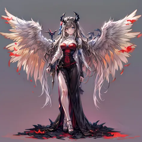 ((a picture of 2 women 1angel and 1demon), (highest quality, masterpiece, High resolution), 16K, fantasy art, RPG art BREAK a (1female angel: 1.3) , wearing dress, pale skin, best details beautiful face , (blond: 1.2) hair, long hair wavy hair (blue: 1.1) ...