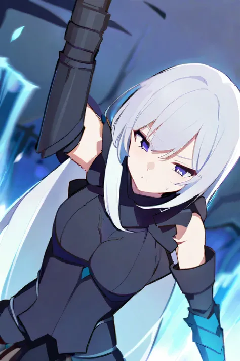 Anime girl with long white hair in a obsidian medieval renforced armor 

she have a sword