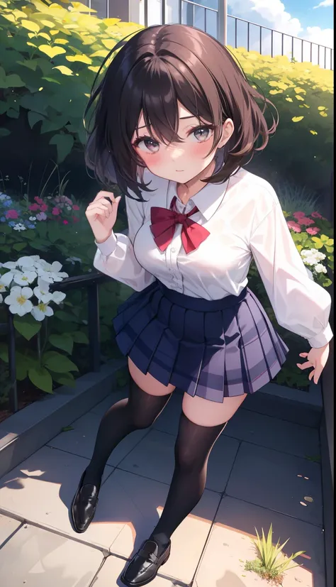 One Girl、positive、From above、Full body portrait、Brown haired、Medium Haircut、blush、Absolute area、Knee socks、stockings、Black knee-high socks、White underwear、Cleavage、Light blue cut shirt、Unbutton your shirt、Shirt buttons fly off、Navy blue checkered pleated s...