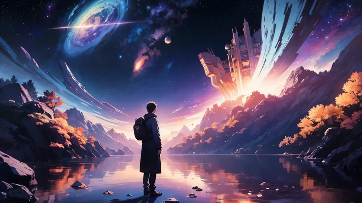 a man standing in front of a galaxy with planets and stars, the encrypted metaverse, deeper into the metaverse we go, inspired by Cyril Rolando, in the multiverse, endless cosmos in the background, ascending universes, in the astral plane ) ) ), looking ou...