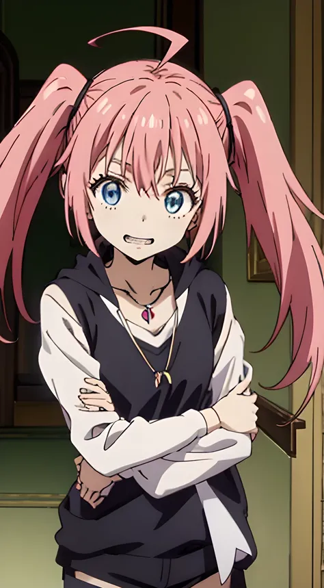 masterpiece, highest quality, High resolution picture,Anime Style、Characters from TenSura、picture、whole body Platinum pink hair(Twin tails:20:1)(Ahoge:1:10)、blue eyes、About 10 years old、The upper body is a tank top with white and pink borders.、T...