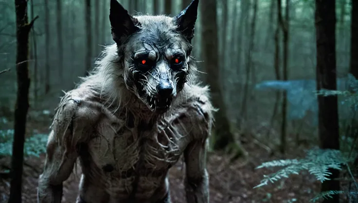 transforming into a humanoid wolf, thin, with dark eyes, scary in a dense forest at night,
