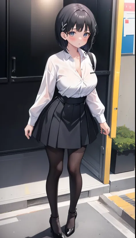 One Girl、positive、Standing posture、Full body portrait、Black Hair、Medium Haircut、blush、Absolute area、Black knee-high socks、Knee-length、stockings、Black Pantyhose、White underwear、Light blue shirt、Blue-gray business suit、Grey tight mini skirt、Japanese office l...