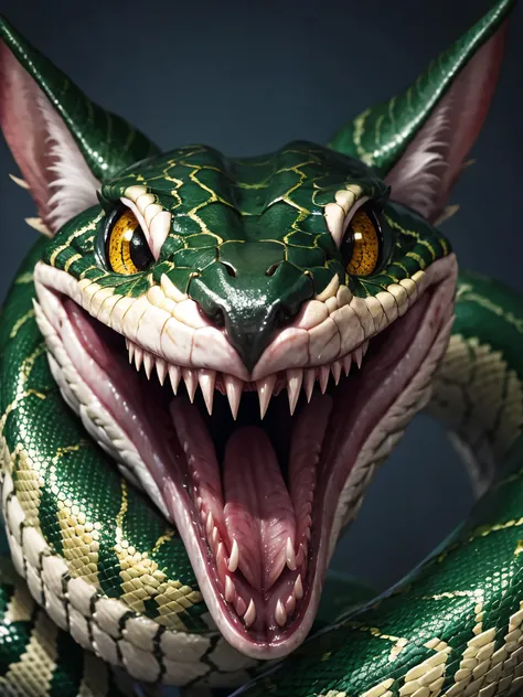 hyper realistic snake head, visible scales and details, white eyes with cat-like pupils, long and sharp teeth with venom, green ...