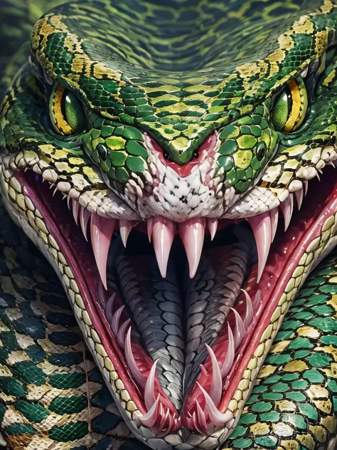 hyper realistic snake head, visible scales and details, white eyes with cat-like pupils, long and sharp teeth with venom, green ...