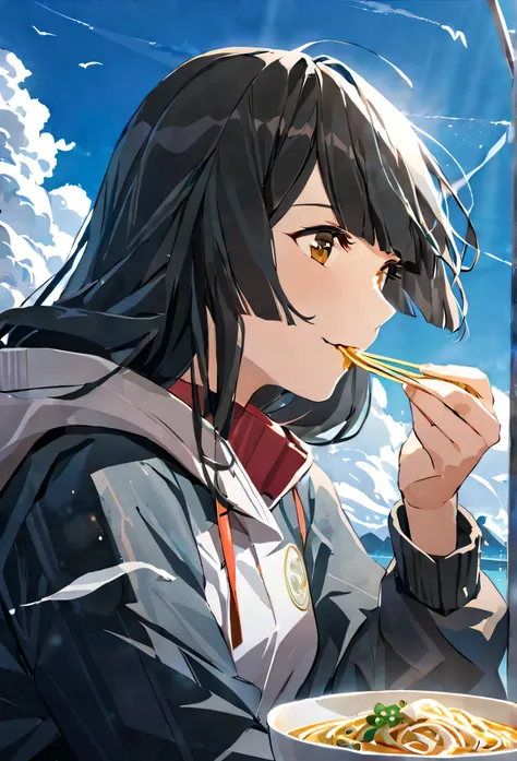 masterpiece,best quality, 1 girl, solo, eda, bangs, black hair, blue sky, cloud, she is eating noodles, she travels around the world, jacket , she is happy