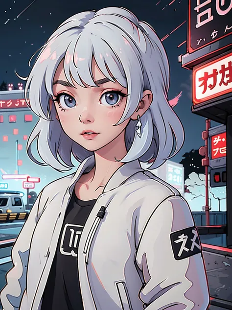 kawaii grey alien whearing white leather jacket and black tshirt, in the city, at night, anime style, intricated details, 8k