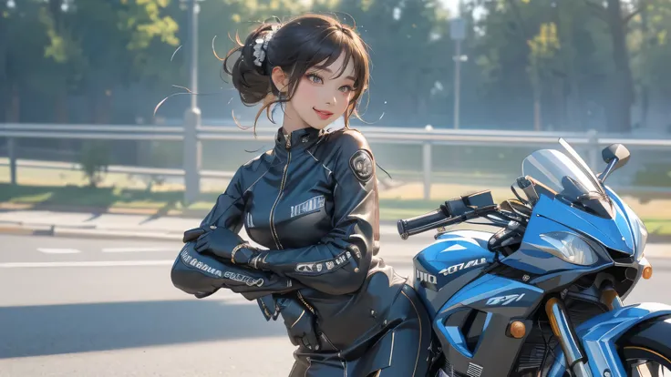 (girl riding a motorcycle:1.2),(random hairstyle),(Highest image quality,(8K), Ultra-realistic, Best Quality, High quality, High Definition, high quality texture, high detailing, Beautiful detailed, fine detailed, extremely details CG, Detailed texture, re...