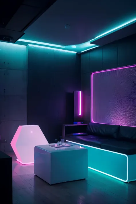 Clean ambience with neon lights, cubes-shaped armchairs with interior light, sophisticated vibe, and futuristic features, cinematic, large scale