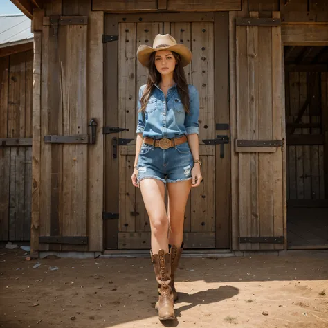 full body portrait woman, denim shorts, cowboy hat, big belt buckle, cowboy boots, post by a rustic barn