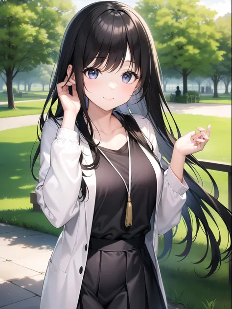 A girl taking a commemorative photo in the park。Smiling。Black Hair。White-based clothing