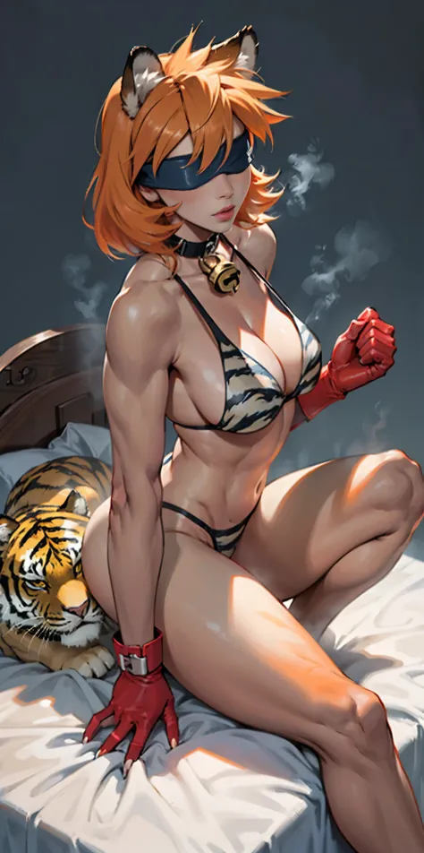 1girl, Misty Pokemon, side ponytail, orange hair gazed (blindfolded), animal tiger ears, animal tiger hands, animal tiger print, bell, bikini, breasts, choker, claws, cleavage, collar, full body, gloves, large breasts, pink lips, long hair, looking at view...